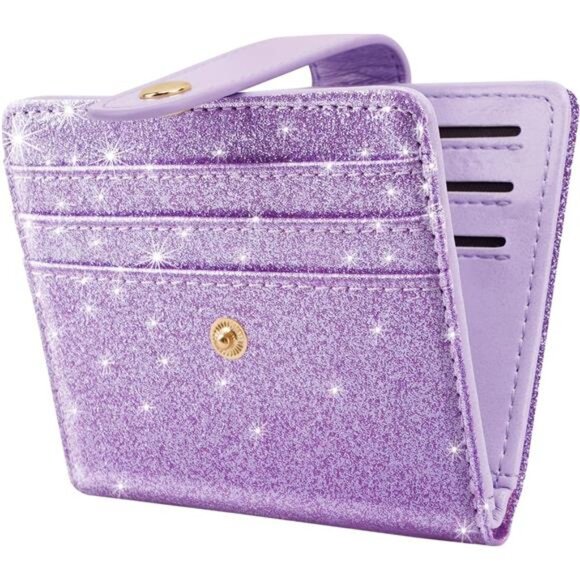 Slim Bifold Wallet RFID Credit Card Wallet Glitter Leather Small Cute Card